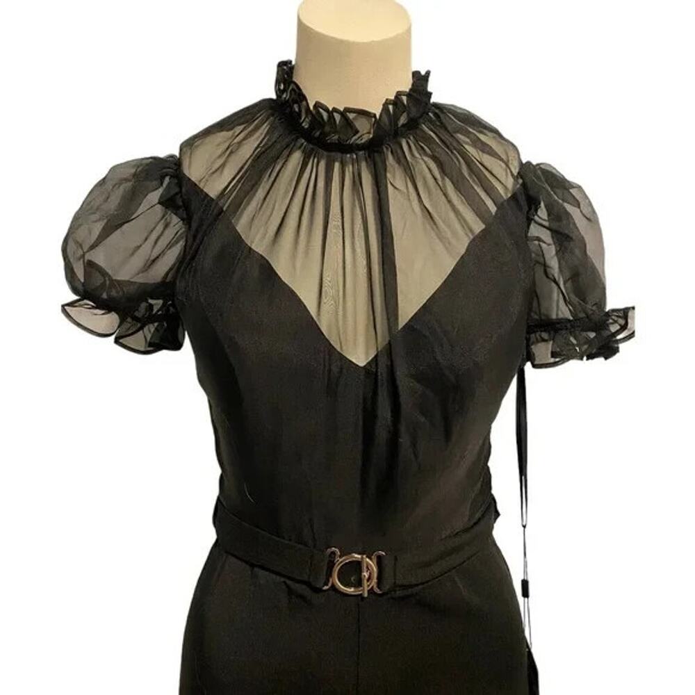 MAC DUGGAL BLACK BELTED ILLUSION HIGH NECK CAP SLEEVE JUMPSUIT SZ 14 NWT - Picture 4 of 6
